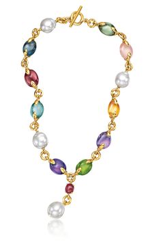 VERDURA-Fulco Y Necklace-YELLOW GOLD Elegant Multicolor Lariat Jewelry, Elegant Multicolor Oval Necklace, Elegant Multicolor Lariat Necklace, Elegant Multicolor High Luster Necklaces, Luxury Yellow Gold Necklace With High Luster, Elegant Multicolor Pearl Necklace With Gemstone, Yellow Gold Oval Necklace With Pearl Chain, Exquisite High Luster Yellow Gold Necklace, Luxury Oval Pearl Drop Necklace