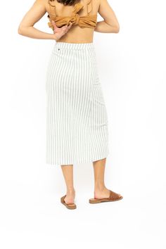 COTTON/LINEN YARN DYE STRIPE FITTED MIDI SKIRT SIDE FRONT BUTTON CLOSURE + PANELLING DETAIL