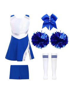 a cheerleader outfit with blue and white pom poms