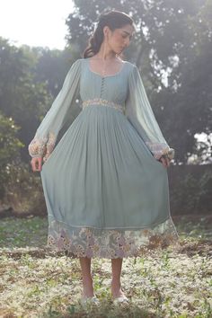 Fall green georgette dress with floral and dori cutwork embroidery. - Aza Fashions Green Georgette Dress, Summer By Priyanka Gupta, Fall Green, Diana Penty, Cutwork Embroidery, Georgette Dress, Luxury Sale, Fantasy Fashion, Cut Work