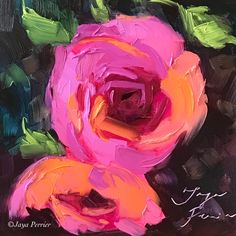 an oil painting of a pink rose with green leaves