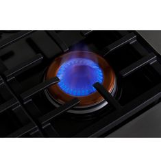 a blue flame is on the top of a black gas stove with two burners