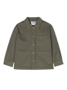 olive green cotton blend logo patch at the chest classic collar front button fastening long sleeves buttoned cuffs three front patch pockets straight hem Boys Denim Jacket, Kids Logo, Boys Jacket, Green Jacket, Green Cotton, Cotton Spandex, Boy's Clothing, Shirt Jacket, Patch Logo