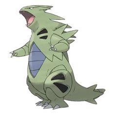 a green and blue pokemon sitting on top of a white surface with its mouth open