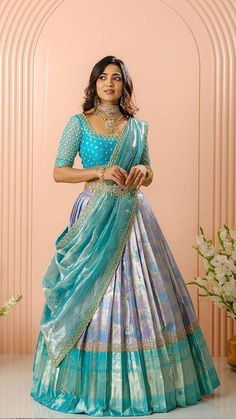 Lehenga Designs For Marriage, Lehenga Half Saree Model, New Lehenga Choli Designs, South Indian Gown Designs, Pattu Saree Half Saree, Blouse For Half Saree Designs, South Indian Wedding Lehengas Bridal, Pavadai Thavani Blouse Design, Langa Voni Blouse Designs Latest