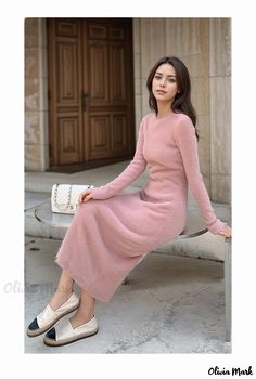 Olivia Mark - Knitted Maxi Dress with High Collar and Bodycon Fit - Luxurious Mink Cashmere Blend Knitted Maxi Dress, Fitted Floral Dress, Cashmere Outfits, Fitted Maxi Dress, Dress Slim, Turtleneck Sweater Dress, Party Dress Long Sleeve, Knitted Bodycon Dress, Long Sleeve Casual Dress