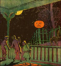 an illustration of people standing on a porch at night with the moon in the background