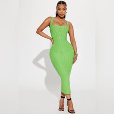 Textured Midi Dress Sleeveless Square Neckline Low Back Stretch 95% Polyester 5% Spandex Fitted Green Bodycon Dress For The Beach, Green Midi Dress With Spaghetti Straps And Stretch, Green Fitted Bodycon Dress For Beach, Fitted Green Bodycon Dress For Beach, Green Midi Dress With Spaghetti Straps And Stretch Fit, Fitted Green Sundress Midi Dress, Fitted Green Midi Sundress, Green Maxi Dress With Spaghetti Straps And Stretch, Green Bodycon Sleeveless Dress For Spring