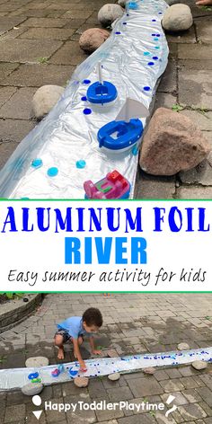 How to Make an Aluminum Foil River for Summer - Happy Toddler Playtime Summer Fun For Kids, Summer Preschool, Fun Summer Activities, Daycare Activities, Summer Activity, Summer Learning, Beach Hacks, Toddler Play, Activity For Kids