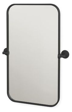 a mirror with a black frame and an adjustable handle on the front of it, against a white background