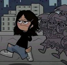 a cartoon girl with glasses is walking in front of some graffiti