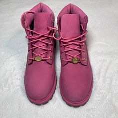 Never Worn In New Condition. Trendy Pink Winter Sneakers, Pink Casual Synthetic Boots, Trendy Pink Boots For Outdoor, Trendy Pink Outdoor Boots, Pink Round Toe Boots, Casual Pink Boots With Rubber Sole, Trendy Timberland Boots With Round Toe, Pink Low-top Boots With Rubber Sole, Casual Pink Timberland Boots