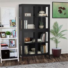 a black bookcase with many books on it in a living room next to a potted plant