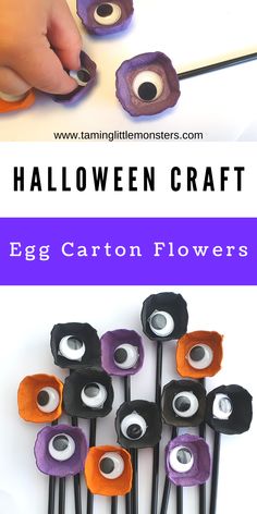 an egg carton flower made out of toilet paper and some scissors with googly eyes on them