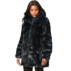 Your new supersoft statement look for winter. Indulgent faux fur feels so cozy, and the trendy shape is easy to wear over (and elevates) any look. Stand collar. Zip front closure. Front pockets. Cozy Black Outerwear With Faux Fur Trim, Short Faux Fur Coat, Womens Faux Fur Coat, Black Faux Fur Coat, Plus Size Outerwear, Plus Size Coats, Current Fashion Trends, Plus Size Shorts, Faux Fur Jacket