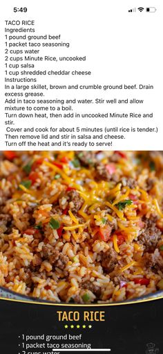 the menu for taco rice is shown in black and white colors, with an image of