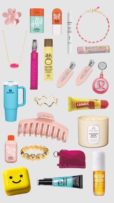 the contents of a travel bag are arranged on a white surface, including lipstick, bracelets, and other items