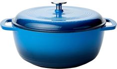 a blue casserole with a lid is shown