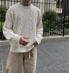 White Knit Sweater Outfit, Beige Sweater Outfit, Cream Sweater Outfit, Cable Knit Sweater Outfit, Mens Cable Knit Sweater, Sweater Outfits Men, Spiritual Fashion, Knit Sweater Outfit, White Cable Knit Sweater