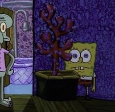 spongebob is standing in front of a purple wall and looking at the floor