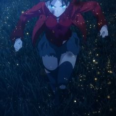 an anime character is sitting in the grass with her hands on her hips and eyes open