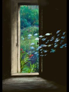 an open window with fish flying out of it