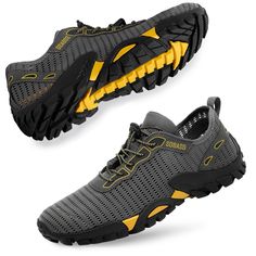 men's water shoes with yellow accents and black soles on the bottom side