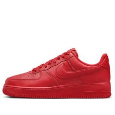 The Nike Air Force 1 Low '07 LV8 1 'Triple Red' is a classic silhouette with a modern twist. This iconic sneaker was designed by Bruce Kilgore in 1982 and features a revolutionary Air sole cushioning system. The 'Triple Red' colorway is perfect for any occasion and adds a stylish touch to any outfit. The classic design is inspired by the original Air Force 1, making it a timeless classic. The rubber sole ensures maximum comfort and durability, making it perfect for everyday activities. The 'Triple Red' colorway is the perfect way to add a touch of style to your wardrobe. (AF1/SNKR/Unisex) Classic Custom University Red Sneakers For Streetwear, Classic University Red Custom Sneakers For Streetwear, University Red Sneakers With Red Sole For Streetwear, Classic Nike Sneakers With Red Sole, Classic Custom Sneakers With Red Sole For Sports, Classic Nike Sneakers In University Red, Sporty University Red Lace-up Nike Air Force 1, Nike Air Force 1 With Red Sole For Streetwear, Sporty Nike Air Force 1 With Red Sole