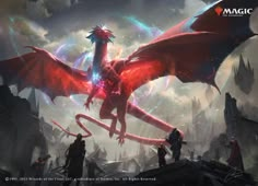 a large red dragon flying over a group of people