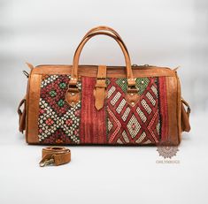 "Are you looking for a dependable and trendy duffel bag that is easy to carry and spacious? For travel lovers who appreciate the craftsmanship and hard work that goes into handmade patterns, this Kilim duffel bag is a must have! With the creative hand-woven Kilim patterns, and high-quality material, we bring to you a duffel bag that is unique and lightweight. Made from premium quality durable leather, our duffel bags are built to last longer than time itself. This duffel bag is no ordinary bag! Traditional Rectangular Duffle Bag For Travel, Bohemian Rectangular Bag For Overnight Trips, Bohemian Rectangular Duffle Bag For Overnight Trips, Bohemian Rectangular Bag With Luggage Sleeve, Bohemian Leather Tote Duffle Bag, Bohemian Large Capacity Duffle Bag For Weekend Trips, Brown Bohemian Tote Travel Bag, Bohemian Duffle Bag For Overnight Trips, Bohemian Brown Tote Travel Bag