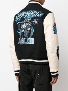 Off-White logo-patch Varsity Jacket - Farfetch Senior Jackets Design Ideas, Varsity Jacket Aesthetic, Jackets Design, Varsity Jacket Black, Senior Jackets, Leather Varsity Jackets, Luxury Jacket, Off-white Logo, Versace Outfit