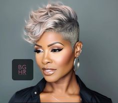 Short styles Mowhak Hairstyle Black Women, 27 Piece Quick Weave Mullet, Short Mowhak Hairstyle For Women Black, Grey Pixie Lace Front Wigs, Gray Locs, Sharp Haircut, Womans Fauxhawk Short, Short Taper Haircut, Pixie Mohawk