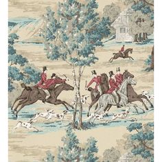 the horses and riders are running through the woods in this wallpaper pattern, which is very similar to the horse race