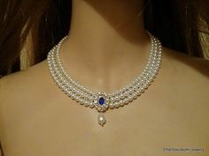 Sapphire Necklace Wedding Pearl Bridal Choker Pearl Rhinestone Something Blue Sapphire Stone Multi R Sapphire Necklace Wedding, D Necklace, Wedding Choker Necklace, Choker Pearl, Blue Sapphire Stone, Necklace Sapphire, Lady D, Fancy Jewelry Necklace, Pearl Jewelry Design