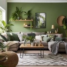 a living room with green walls and plants on the shelves above the sectional couch,