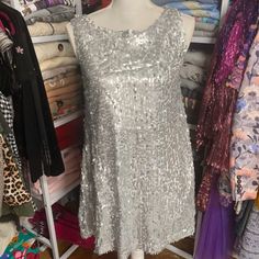 Silver Sequin Mini Shift Dress. Button Enclosure On Back. Fits Small. Fitted Sequin Dress For Spring Dress-up, Elegant Sleeveless Sequin Dress For Dress-up, Spring Glamorous Sequin Dress For Dress-up, Fitted Sequin Dress For Dress-up Occasions In Spring, Sleeveless Sequin Dress For Party Season Dress-up, Sleeveless Sequin Dress For Dress-up And Party Season, Festive Sleeveless Mini Dress With Sequins, Sleeveless Mini Dress For Dress-up, Chic Sleeveless Mini Dress For Festive Occasions