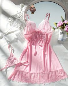 Indulge in luxury with the Pink Lace Lingerie Slip Nightdress Set Coquette Style. Made with delicate pink lace, this set includes a matching pair of sexy underwear. Enhance your bedtime routine with this elegant and alluring set. Pink Lace Lingerie, Coquette Lingerie, Lingerie Catalog, Coquette Style, Cute Lingerie, Rose Style, Bedtime Routine, Lace Lingerie, Really Cute Outfits