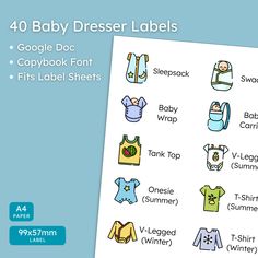 the baby dress labels are shown in blue and white, with an image of clothes on them