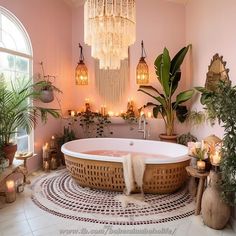 a bathtub with candles and potted plants in the corner, next to a chandelier