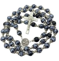 Black Glass Agate Beads Rosary Necklace Medal Cross - Nazareth Store Black Spiritual Beaded Jewelry, Black Jewelry With Natural Stone Round Beads, Black Jewelry With Natural Stones In Round Beads, Black Jewelry With Natural Round Stone Beads, Black Agate Gemstone Beads, Black Agate Beads With Natural Stones, Black Natural Stone Beads For Gift, Black Agate Round Bead Necklaces, Black Agate Bead Necklace