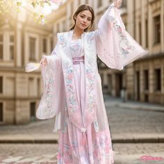 Qteee - Classical Avian Floral Embroidered Cardigan with Coordinated Cami and Skirt White Long Sets For Spring, Traditional Spring Kimono, Long Pink Embroidered Set, Long Pink Embroidered Sets, Long Embroidered Sets For Spring, Embroidered Sets For Spring, Traditional Pink Kimono For Spring, Traditional Spring Wedding Kimono, Pink Embroidered Sets For Spring