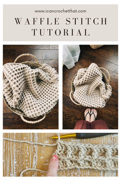 the waffle stitch is being used to make a crocheted bag with yarn