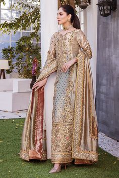 Long Kameez Trouser Dupatta Embellished Pakistani Wedding Dress is a beautiful masterpiece emblazoned with Embroidery, Goldwork, and Motifs. Fast Shipping. Long Shirts For Women Pakistani, Sims Closet, Long Kameez, Embroidery Goldwork, Desi Clothing, Eastern Wear, Pakistani Bridal Dress, Designer Summer Dresses, Bridal Dupatta