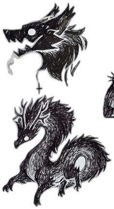 three black and white drawings of dragon heads