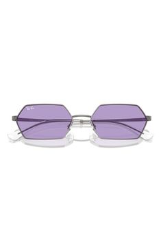 A sleek geometric silhouette adds retro-cool appeal to stylish sunnies fitted with adjustable nose pads for a secure fit. 58mm lens width; 18mm bridge width; 145mm temple length 100% UV protection Adjustable nonslip nose pads Metal Imported Modern Purple Shield Sunglasses With Gradient Lenses, Modern Purple Sunglasses With Gradient Lenses, Modern Purple Shield Sunglasses With Uva Protection, Modern Rectangular Aviator Sunglasses With Uva Protection, Modern Rectangular Aviator Sunglasses With Anti-reflective Coating, Modern Shield Sunglasses With Metal Square Frame, Modern Rimless Shield Sunglasses With Metal Frame, Modern Rimless Sunglasses With Tinted Lenses, Modern Rimless Sunglasses With Metal Frame