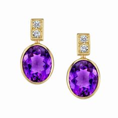 These stunning drop earrings feature rich purple amethysts and brilliant diamonds in a design that will add everyday elegance to your wardrobe! Stylish and modern but with timeless appeal, we designed these beautiful earrings to be positioned perfectly and sit comfortably on every earlobe, even "problem earlobes," such as thin lobes or stretched piercings. Feel uplifted and "complete" when you reach for the perfect pop of color in your jewelry box! Ideal for daytime and evening wear, these lovel Art Jewelry Contemporary, 18k Gold Earrings, Oval Earrings, Jewelry Post, Rich Purple, Spiral Earrings, Jewelry Design Earrings, Yellow Earrings, Amethyst Jewelry