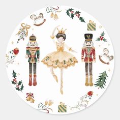 three nutcrackers dressed in christmas costumes on a white background round sticker