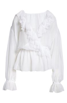 Lavish ruffles frame the wrap silhouette of this beguiling top crafted in Italy of gossamer silk chiffon. Surplice V-neck Long sleeves with elastic cuffs Elastic waist 100% silk Dry clean Made in Italy Designer Clothing Chic Ruffled Silk Chiffon Blouse, Silk Ruffled V-neck Blouse, Silk V-neck Blouse With Ruffles, White Silk Blouse With Ruffles, White Silk Top With Ruffles, Elegant Chiffon Blouse With Ruffles, Feminine Silk Ruffled Blouse, Feminine Silk Blouse With Ruffles, Flowy Chiffon Blouse With Ruffles