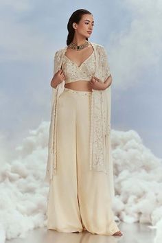 Beige chiffon cape with floral, beads and thread embroidery. Comes with satin palazzo and an organza crop top. - Aza Fashions Chiffon Cape, Traditional Indian Dress, Crop Top Designs, Gold Jacket, Palazzo Set, Quick Outfits, Crop Top Outfits, Indian Outfit, Wedding With Kids