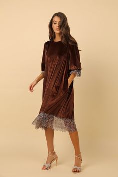 Midi Velvet Dress, Velvet Short Dress, Brown Tunic, Velvet Tunic, Lace Cocktail Dress